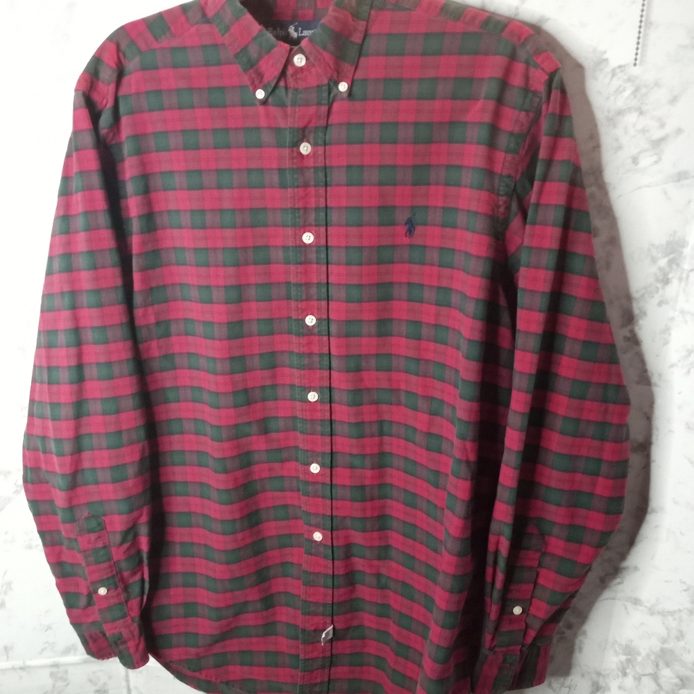 Ralph Lauren red green plaid button down long sleeve shirt  chest 50"